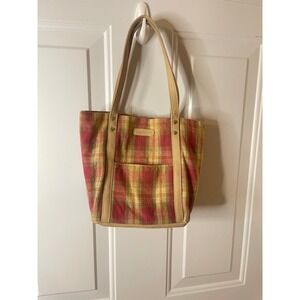 Vintage Longaberger Plaid Tote Bag Red & Tan Checker Fabric Purse w Leather